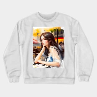 beauitful woman on parisian cafe Crewneck Sweatshirt